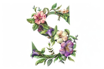 A beautiful illustration of the letter 's' decorated with flowers and foliage