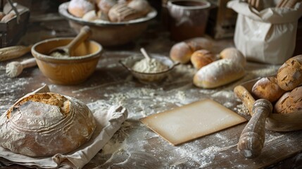 Fototapeta premium Artisanal Breadmaking HandsOn Class with Freshly Baked Loaves Dough Bowls and FlourCovered Aprons