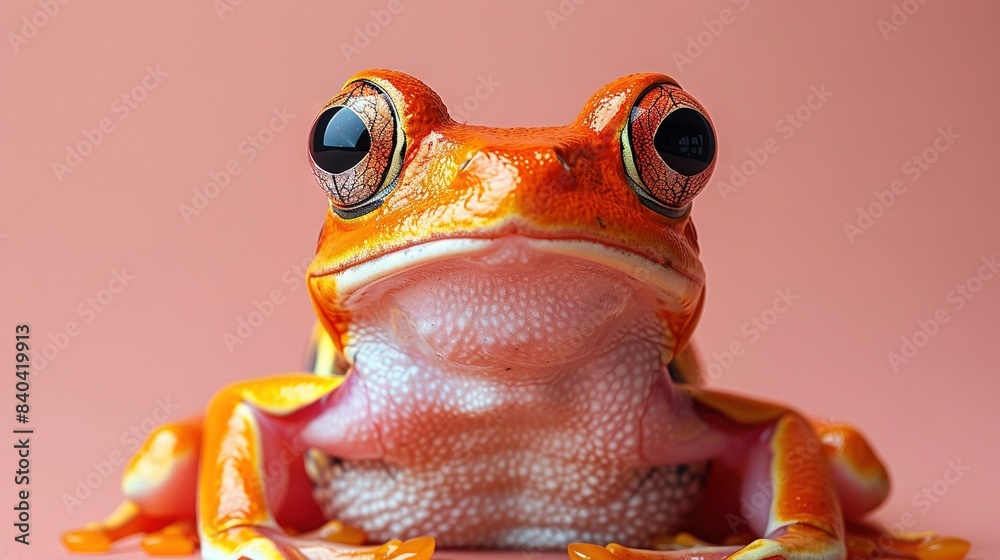 Wall mural close-up of a frog with one open eye and one wide-eyed eye against a pink backdrop