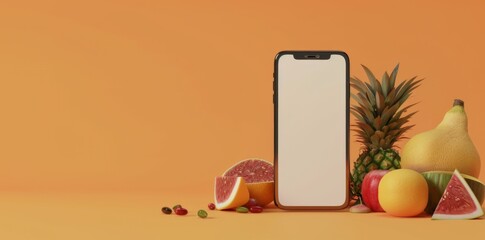 Mobile App Showcase Template with Fresh Fruits and Smartphone, perfect for Food Service Apps