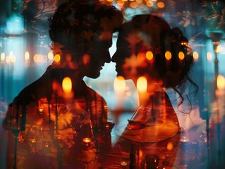 The photo shows a couple standing close to each other with a blurred background of city lights.