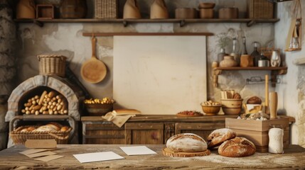 Fototapeta premium Rustic Artisan Bread Bakery Blank Business Cards FlourDusted Apron and Wood Oven in a Cozy Kitchen Setting