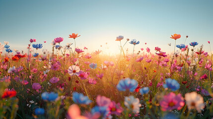 A serene nature steppe meadow scene with wildflowers blooming among the grasses