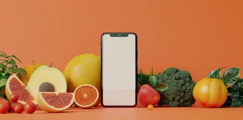 Mobile App Showcase Template with Fresh Fruits and Smartphone, perfect for Food Service Apps