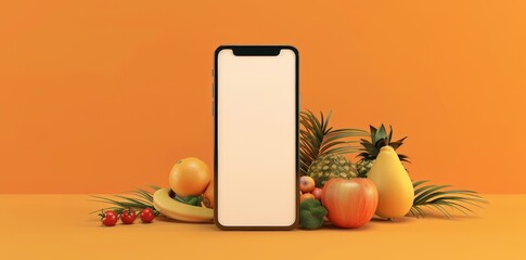 Mobile App Showcase Template with Fresh Fruits and Smartphone, perfect for Food Service Apps