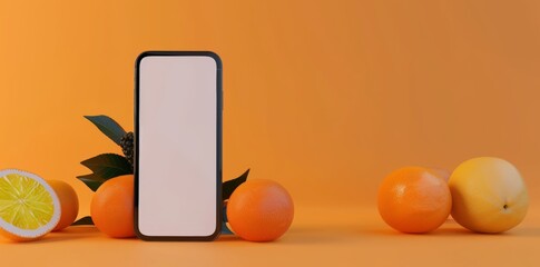 Mobile App Showcase Template with Fresh Fruits and Smartphone, perfect for Food Service Apps