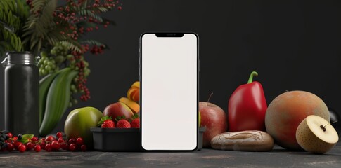 Mobile App Showcase Template with Fresh Fruits and Smartphone, perfect for Food Service Apps