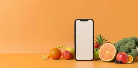 Mobile App Showcase Template with Fresh Fruits and Smartphone, perfect for Food Service Apps
