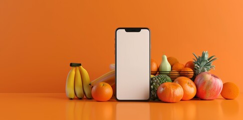 Mobile App Showcase Template with Fresh Fruits and Smartphone, perfect for Food Service Apps