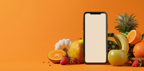Mobile App Showcase Template with Fresh Fruits and Smartphone, perfect for Food Service Apps