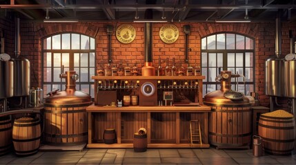 Obraz premium Craft Beer Paradise Artisanal Brewery Scene with Taproom Brewing Equipment and Business Cards for Branding Barley and Hops Crafted to Perfection