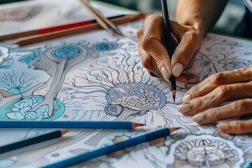 Close up of human hands drawing neurographic art. Mental health, fine motor skills of adults, creativity, psychology.