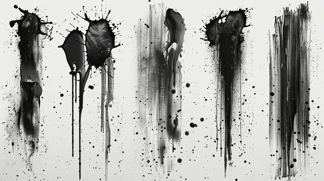 a very detailed ink splashes set paint brush splash spray ink splatter and paint marks graphic box black blots grunge brush strokes and grunge frames for text stencil paint modern set.stock photo