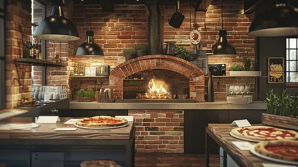 Fotobehang Artisanal Brick Oven Pizzeria Open Kitchen Woodfired Pizzas and Business Cards on Counter © ASoullife