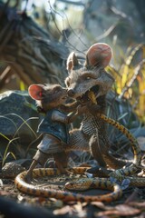 Obraz premium Two mice playfully interact with a snake in a natural setting