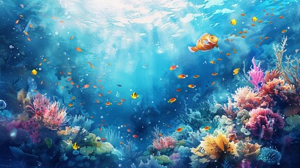 watercolor Underwater world. Colorful fishes among bright corals.