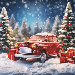 A Christmas red car with gifts in a winter forest covered with snow