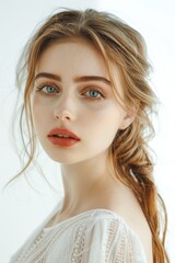 Fototapeta premium A portrait of a beautiful young woman with long hair and blue eyes, suitable for use as a profile picture or in a romantic context