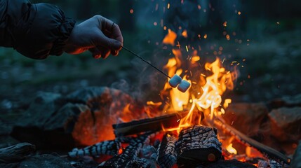 A person roasting marshmallows over an open campfire