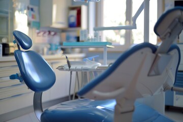Blue dental chair in a modern clinic