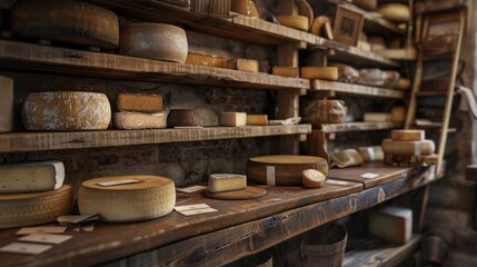 Artisanal Cheese Affineur's Cellar Aged Cheese Wheels Blank Business Cards on Wooden Shelves Gourmet Delights and Networking Opportunities Await in this Rustic Dairy Haven