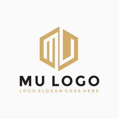 MU Letter hexagon gold logo vector image