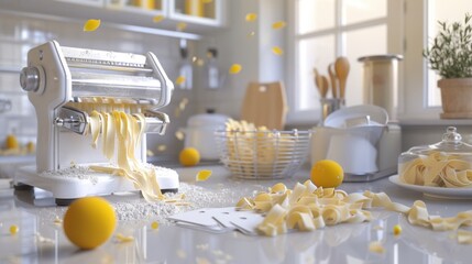 Artisanal Pasta Making Flour Fresh Pasta Strands and Business Cards in a Rustic Kitchen Setting