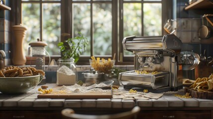 Fototapeta premium Artisanal Pasta Making Flour Fresh Pasta Strands and Business Cards in a Rustic Kitchen Setting