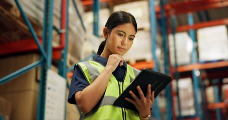 Shipping, warehouse and woman on tablet for inspection, inventory and online stock. Manufacturing,...