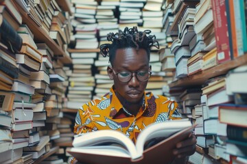 A person sitting in a library, engaged in reading a book
