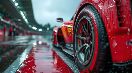 red racing car wheel moving at high speed on a wet race track concept of motorsport competition.stock photo