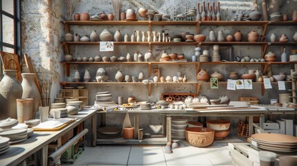 Naklejka premium Artisanal Pottery Class Creativity in Clay Business Cards Glazing Samples and Students' Masterpieces on Display