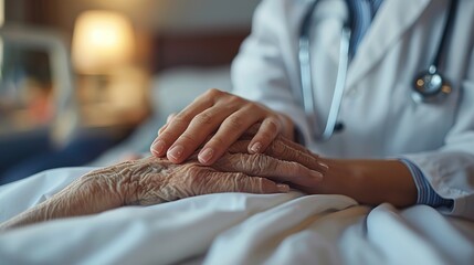 Fototapeta premium a female doctor is touching the hand of a male patient lying on his bed in a hospital midsection.illustration