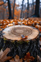 Fototapeta premium A tree stump with lush green leaves still intact in a dense forest environment
