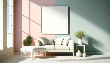 Pastel Living Room with White Furniture and Blank Picture Frame