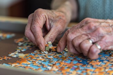 Close-up of elderly hands assembling a jigsaw puzzle. Indoor photography focused on detail. Leisure and concentration concept for design and print.