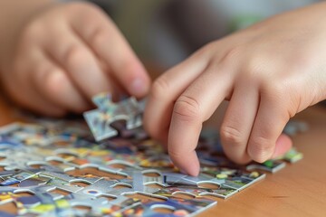 Fototapeta premium Close-up of child's hands assembling a jigsaw puzzle. Indoor photography focused on detail. Leisure and development concept for design and print.