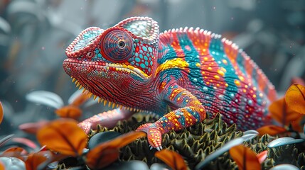 the vibrant chameleon perches on moss its colorful scales standing out against a misty forest background in this digital illustration of artificial intelligence.image illustration