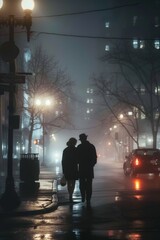 A romantic scene of a couple walking through a foggy 1940s noir-style city street at night, capturing a timeless and atmospheric moment.