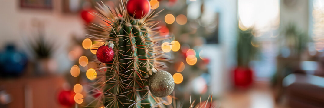 Kitsch MCM spiky cactus Christmas tree with bright fun shiny glossy retro colorful ornament balls midcentury modern 50s sofa living room interior merry cheerful xmas home decor cacti banner copy space
