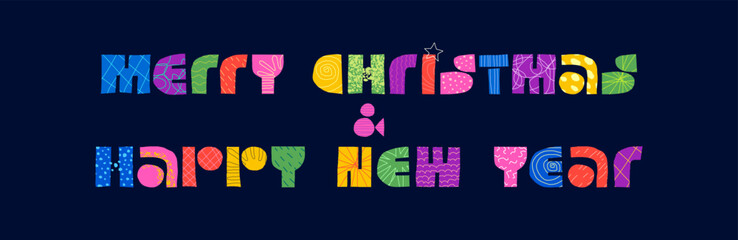 Merry Christmas Happy New Year winter holiday inscription abstract decorative text concept. Modern colorful graphic shapes letters. Positive festive creative logo. Celebrate eve artistic greeting card