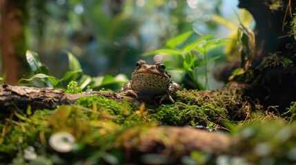 Obraz premium A close-up shot of a frog perched on top of a lush, green moss-covered ground