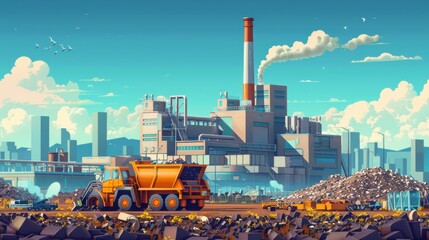 Industrial city skyline with smokestacks rising from factories in the distance