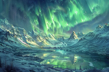 Generative ai on theme of beautiful northern lights, bright aurora borealis winter in atmosphere