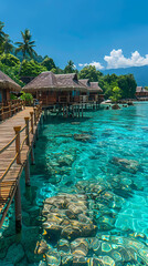 Obraz premium This is an image of a beach resort with thatched huts and a dock in the water, on a sunny day, houses on stilts, waterfront houses, paradise in the background, 8K