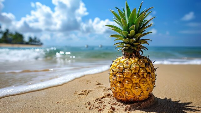 A single pineapple sits on a sandy beach with ocean waves and a blue sky in the background.