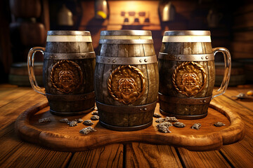 Generative ai on theme of foamy German beer in large glass mug for celebration holiday Oktoberfest