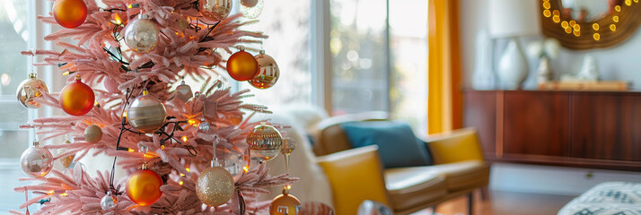 Kitschy MCM pastel pink Christmas tree blue shiny gloss retro colorful ornaments balls midcentury modern 50s buffet sofa living room interior lux chic nostalgia indoor pretty home decor banner copy