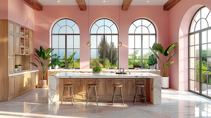 An elegant kitchen featuring light pink walls, white oak cabinets, and marble countertops.