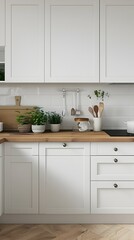 Bright and Cozy Minimalist White Kitchen with Natural Wood Accents